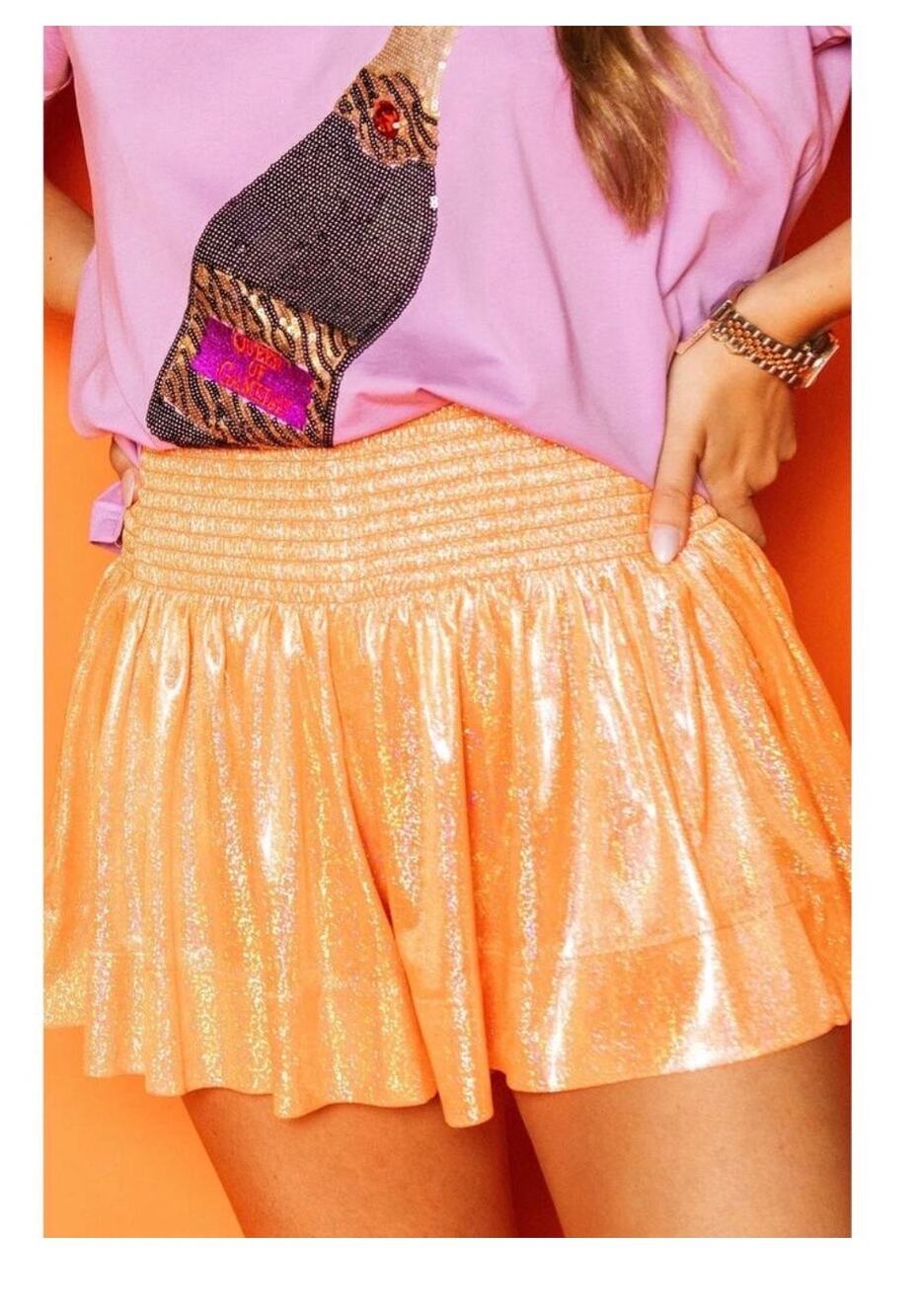 Queen of Sparkles Orange Iridescent Shimmer High Waist Shorts XS